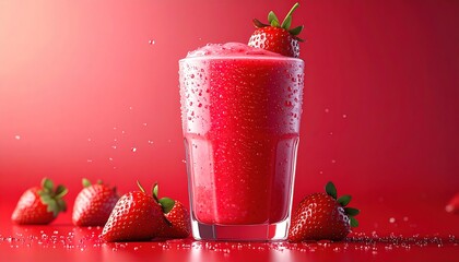 Bright red strawberry smoothie garnished with fresh fruit sits against a vibrant background