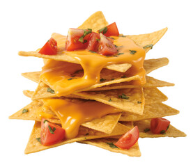 Delicious stack of golden tortilla chips generously topped with melted cheddar cheese and fresh diced tomatoes, png isolated on transparent background