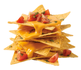 Delicious stack of golden tortilla chips generously topped with melted cheddar cheese and fresh diced tomatoes, png isolated on transparent background