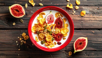 Vibrant bowl of cereal with milk and fresh figs served upon rustic dark wooden surface