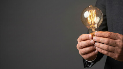 Light bulb held by person in dark suit on gray background, symbolizing bright idea and innovation with warm glowing filament