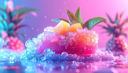 Vibrant tropical beverage rests surrounded by crushed ice under neon lighting