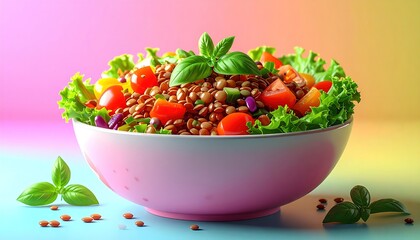 Vibrant lentil salad brimming with fresh vegetables is presented in a pink bowl