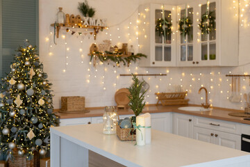 Christmas decorated cozy kitchen interior