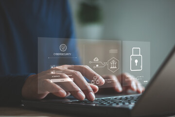 Cyber security, virtual screen interfaces. Businessman protecting personal data on laptop. Cybersecurity and privacy concepts to protect data. Lock icon and internet network security technology.