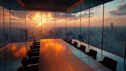 Modern Conference Room with City View at Sunset - A Business Meeting.