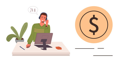 Person with headset at desk using computer, providing 247 customer support services. Dollar sign highlights financial or business themes. Ideal for customer care, finance, business, service, help