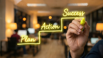 Plan, Action, Success are key concepts illustrated modern office setting, emphasizing journey towards achieving goals. image captures hand writing glass surface, symbolizing clarity and focus