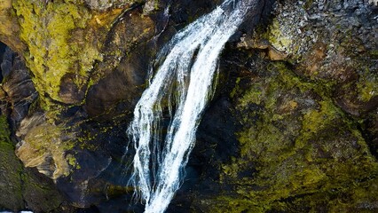 Aerial view of unnamed waterfalls surrounding the beautiful Thorufoss river canyon area in Iceland.