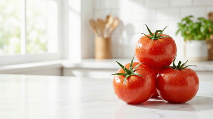 Three fresh, ripe red tomatoes with water droplets on a clean white kitchen counter, bathed in natural light, ideal for healthy eating themes.