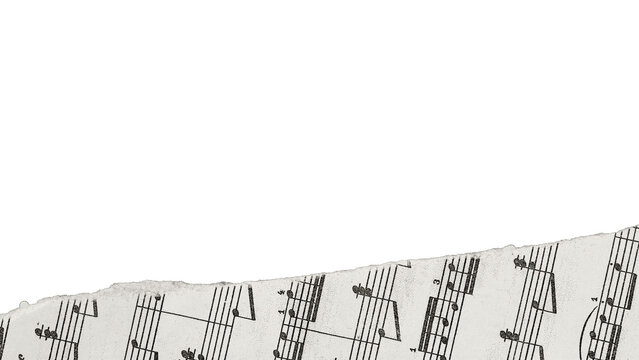 Torn vintage with sheet music, ripped paper scrap. Torn vintage sheet music fragment with visible notes isolated for scrapbook design. Faded collage creativity