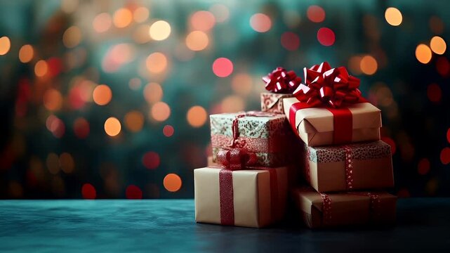 Winter holiday celebration concept. Christmas New Year. A Christmasthemed wallpaper featuring a stack of wrapped presents with red ribbons and bows. The background is a bokeh of lights.