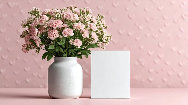 Pink flowers in a white vase are placed beside a blank card on a soft pink table, creating a serene and elegant atmosphere for design or decoration purposes - Powered by Adobe