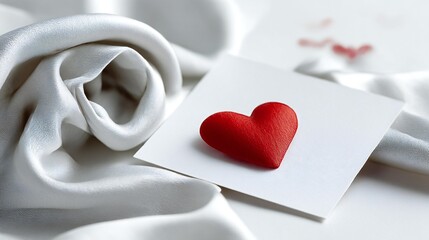 Red heart shape on a white card placed on soft, elegant satin fabric, creating a romantic atmosphere for love-themed celebrations and special occasions
