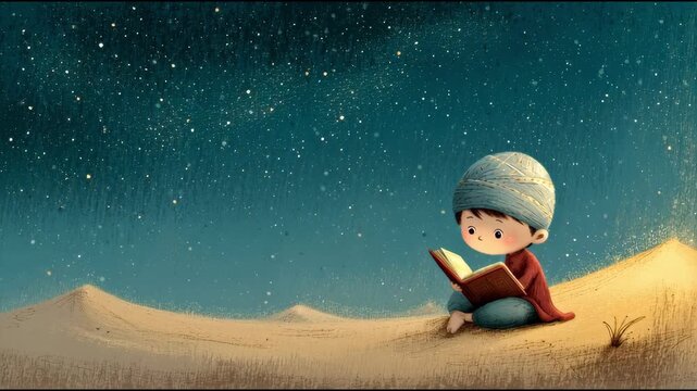Muslim Girl in Hooded Cloak Reading in Desert
