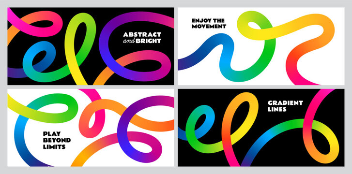 Color Line Abstract Background Set. Wave Shape Gradient Pattern. Curved Vector 3D Graphics with Fun Rainbow Ribbons. Wavy Dynamic Lines Poster Kit.