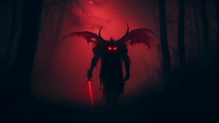 Halloween holiday promotion theme. Spooky scaring. A dark, atmospheric digital artwork featuring a menacing creature with glowing red eyes and large, feathered wings.