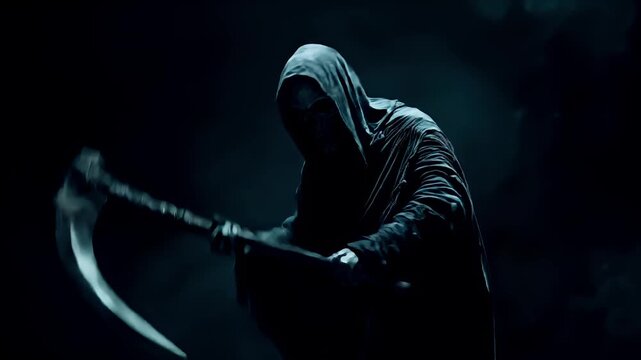 Halloween holiday promotion theme. Spooky scaring. A dark, atmospheric portrayal of a grim reaper with a scythe, set against a smoky, smoky backdrop.