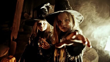 Halloween holiday promotion theme. Spooky scaring. A young girl in a witch costume conjures a spell with her hand. She wears a widebrimmed hat and has a focused expression.