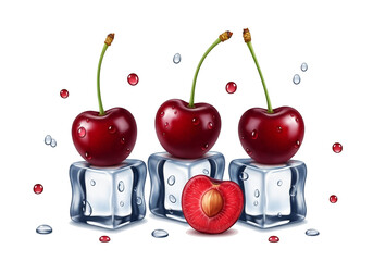 Photorealistic digital illustration of fresh red cherries with water drops on ice cubes, refreshing fruit png isolated on transparent background