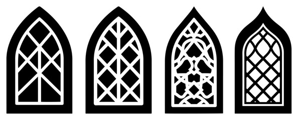 Gothic window vector set featuring pointed arch designs and church architecture elements in black silhouette style for medieval or religious projects
