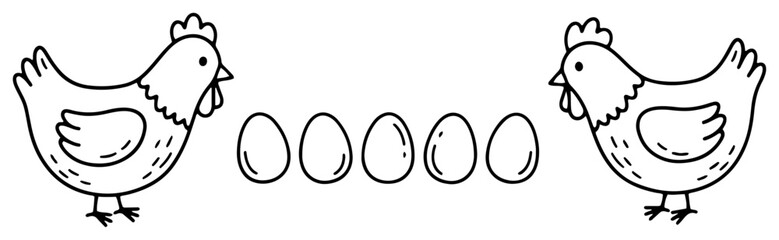 Two hens facing each other with fresh eggs in between cute farm poultry vector illustration in black and white line art style