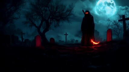 Halloween holiday promotion theme. Spooky scaring. A dark, atmospheric, and atmospheric portrayal of a graveyard under a moonlit sky, with a solitary figure standing in the foreground.