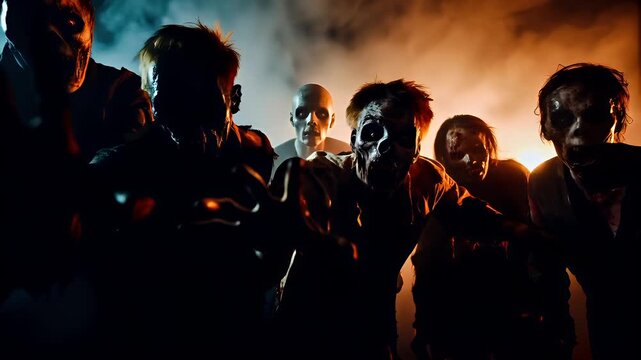 Halloween holiday promotion theme. Spooky scaring. A horrorthemed wallpaper featuring a group of undead individuals in a misty, smoky atmosphere. The characters are depicted in a dynamic pose.