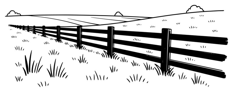 Rural landscape with wooden fence and grass field line art Countryside meadow pasture vector illustration