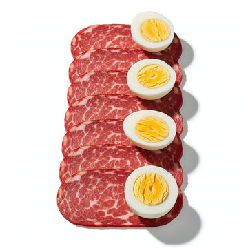 Elegant composition with drob de miel slices arranged side by side with halved boiled eggs