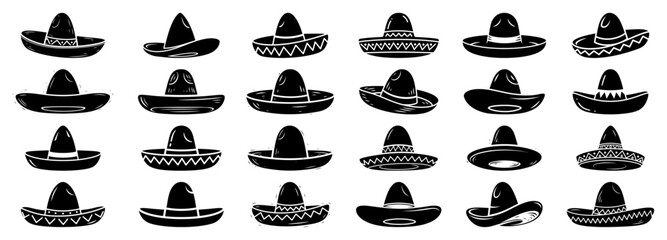 Large collection of mexican sombrero hats vector icons set for fiesta and party design