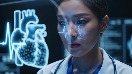Asian woman doctor viewing holographic human heart organ. Futuristic medical examination with digital scan overlays. Advanced cardiology technology and healthcare innovation concept. - Powered by Adobe