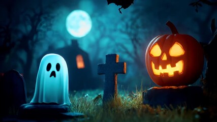 Halloween holiday promotion theme. Spooky scaring. A Halloweenthemed digital artwork featuring a haunting scene with a large, glowing pumpkin in the foreground. The pumpkin is illuminated.