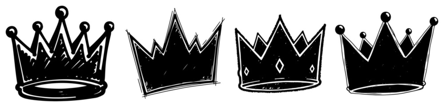 Hand drawn crown vector collection featuring royal king and queen symbols in rough sketch and graffiti style for urban design