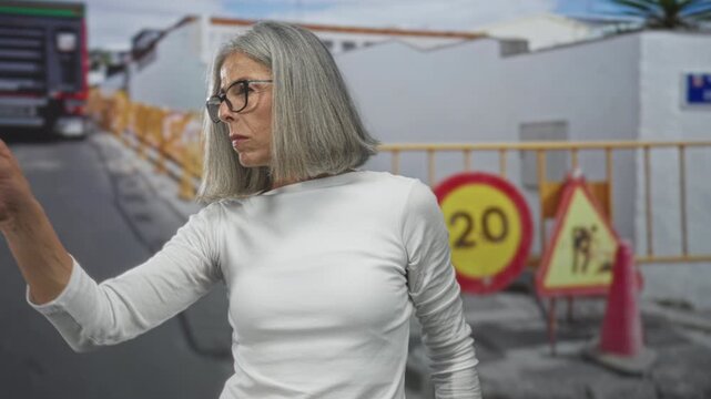 Grey haired woman wearing glasses points finger at roadwork sign and orange traffic cones on street in front of barrier, showing firm directive; safety concern.