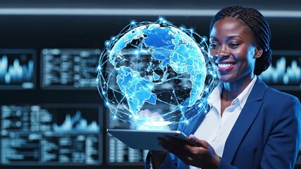 Close up portrait of smiling African American woman holding tablet with holographic Earth globe. Global data visualization in high tech environment. International business connectivity and digital - Powered by Adobe