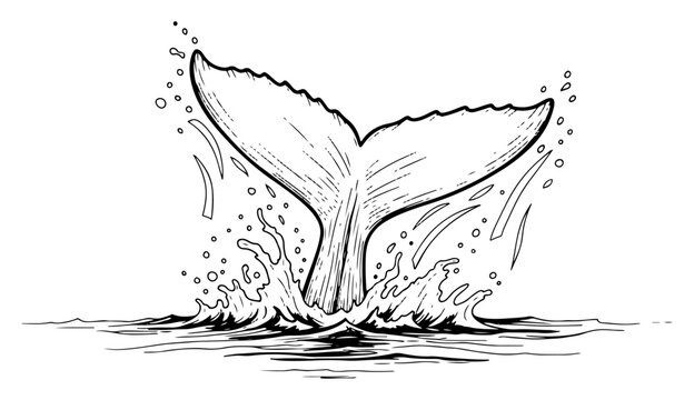 Whale tail diving into the sea with water splashes vector illustration in hand drawn sketch style