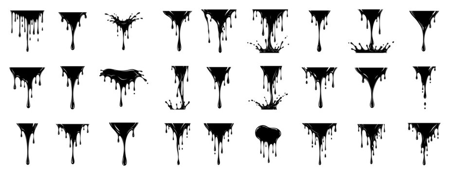 Large collection of dripping liquid vector shapes melting paint ink and slime drops with splashes