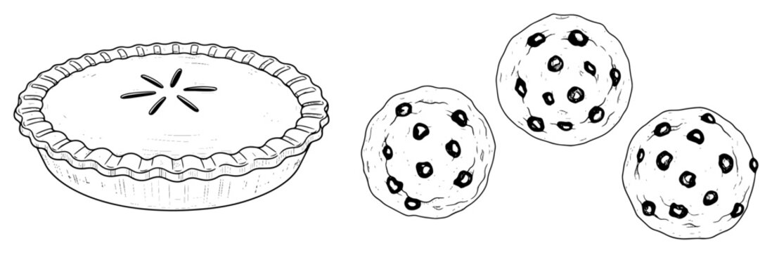 Hand drawn apple pie and chocolate chip cookies set Sweet dessert pastry vector illustration sketch