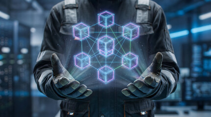 Technician holds glowing neon blockchain structure symbolizing decentralized digital future in server room