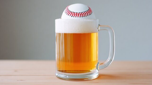 A baseball is placed on top of a full glass of beer. The glass is sitting on a wooden table