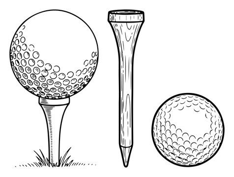 Golf ball on wooden tee and equipment set Hand drawn sport vector illustration sketch