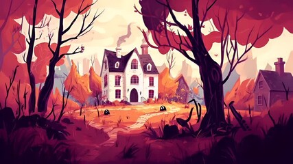 Halloween holiday promotion theme. Spooky scaring. A vivid illustration of a haunted house surrounded by autumnal foliage.