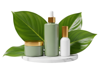 Elegant natural skincare product composition with green bottles on marble and leaves. png isolated on transparent background