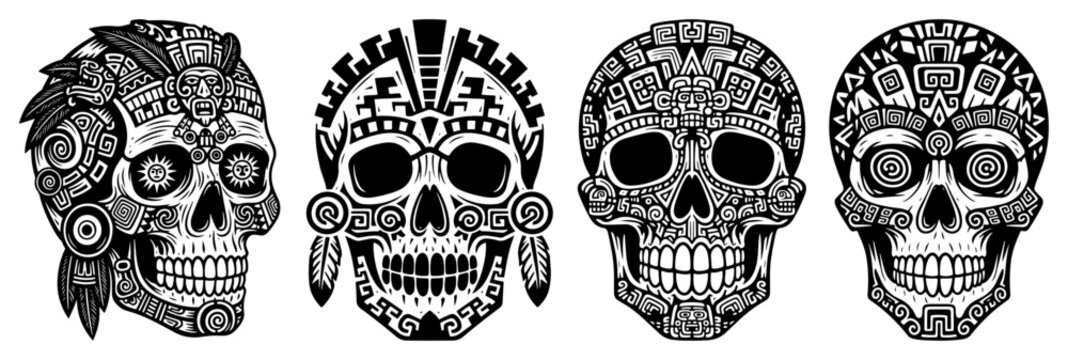Ancient tribal skull vector set featuring intricate aztec and mayan patterns with ethnic ornaments for tattoo and history design