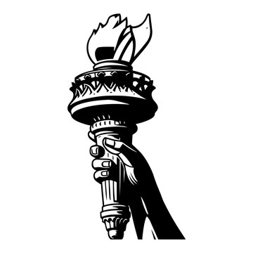 Hand holding burning torch vector silhouette illustration of liberty symbol in black and white style