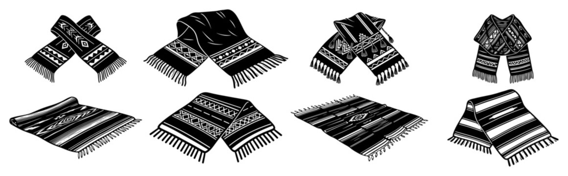 Traditional woven textile vector collection featuring mexican serape scarves and blankets with geometric patterns in black silhouette
