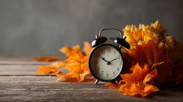 An old fashioned alarm clock rests on a rustic wooden table surrounded by vibrant orange and yellow autumn leaves capturing the essence of fall during late afternoon sunlight.