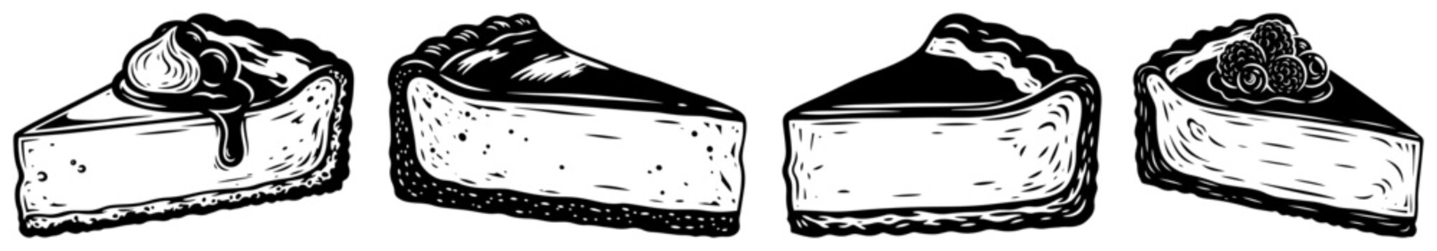 Cheesecake slice set with various toppings Sweet dessert pastry hand drawn vector illustration sketch