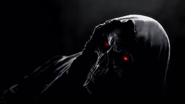 Halloween holiday promotion theme. Spooky scaring. A dark, grim reaperlike figure with red eyes and a hooded cloak, set against a dark, smoky background. The style is dark fantasy.